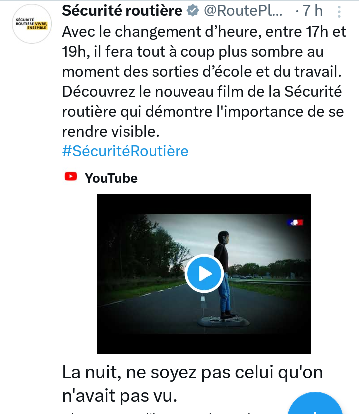 Tweet de la sécurité routière du 28 octobre pour prévenir du passage à l'heure d'hiver.