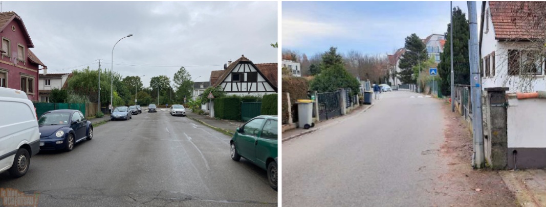 La rue Mélanie avant les travaux : une rue large et dangereuse pour les cyclistes et par endroit sans aucun trottoir.